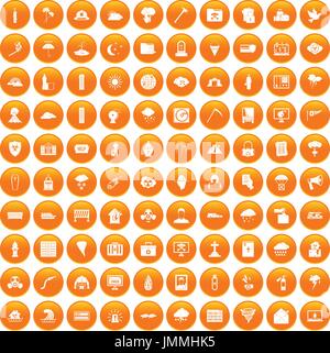 100 natural disasters icons set orange Stock Vector