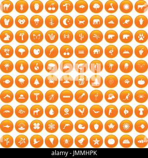 100 nature icons set orange Stock Vector