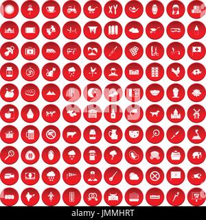 100 cow icons set red Stock Vector