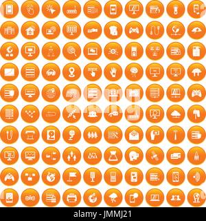 100 network icons set orange Stock Vector