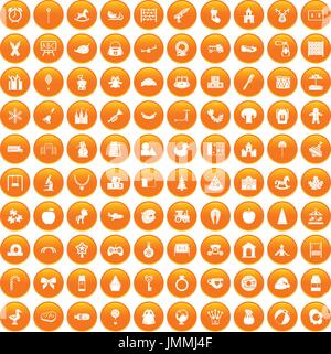 100 nursery school icons set orange Stock Vector