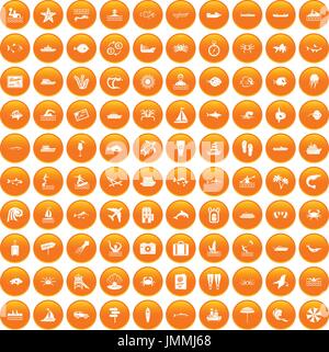 100 ocean icons set orange Stock Vector