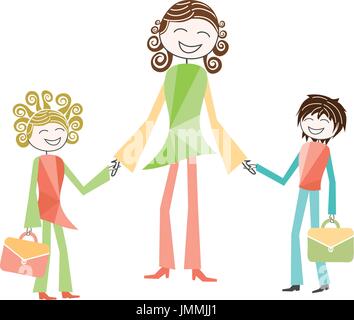A mother or nanny brings back children from school for the first day of school Stock Vector