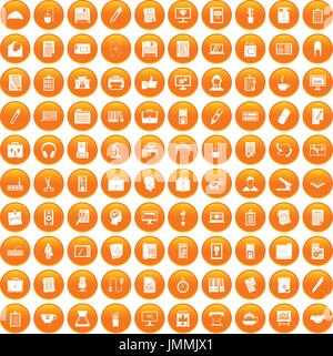 100 office icons set orange Stock Vector