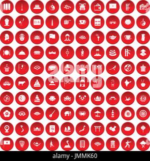 100 dish icons set red Stock Vector