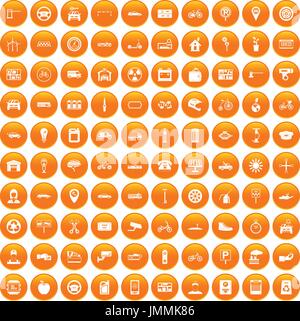 100 parking icons set orange Stock Vector