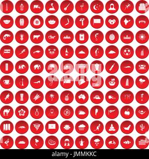 100 exotic animals icons set red Stock Vector