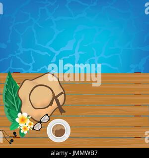 Cups of coffee on the table near the pool with copy space background. vector illustration. Stock Vector