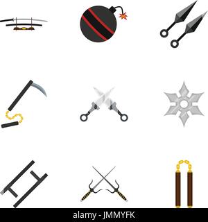 Japanese weapons icons set, flat style Stock Vector