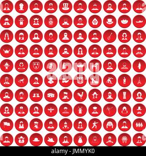 100 folk icons set red Stock Vector