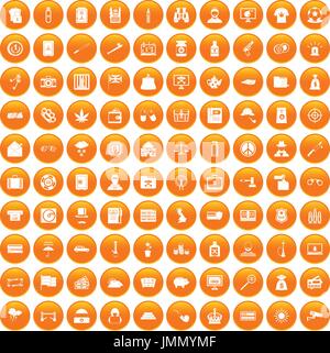 100 police icons set orange Stock Vector