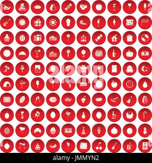 100 fruit party icons set red Stock Vector