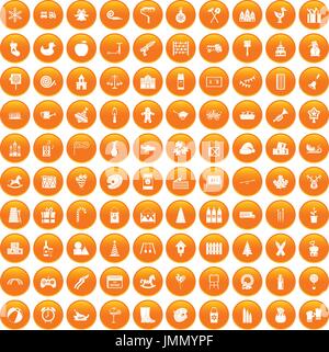 100 preschool education icons set orange Stock Vector