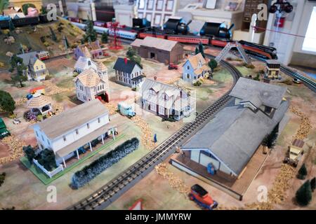 Model train set, including a model of the town of Danville, at the Museum of the San Ramon Valley, housed in a historical structure which used to serve as the rail depot for the city of Danville, California, June 27, 2017. Stock Photo