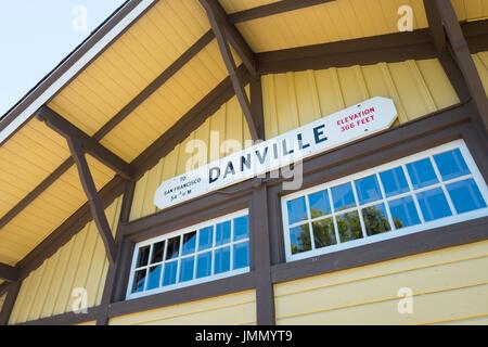 Signage for 'Danville' at the Museum of the San Ramon Valley, housed in a historical structure which used to serve as the rail depot for the city of Danville, California, June 27, 2017. Stock Photo