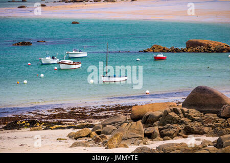 Boats in the port on the Pink Granite Coast (cote de granite rose in french). Brittany (Bretagne), France Stock Photo