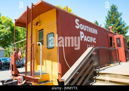 A Southern Pacific railroad caboose is parked on a short section of track outside the Museum of the San Ramon Valley, Danville, California, June 27, 2017. Stock Photo