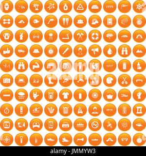 100 rafting icons set orange Stock Vector