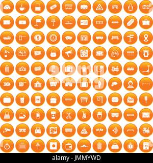 100 railway icons set orange Stock Vector