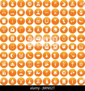 100 religious festival icons set orange Stock Vector