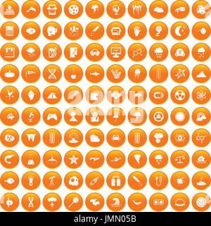 100 research icons set orange Stock Vector