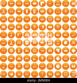 100 road icons set orange Stock Vector