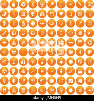 100 science icons set orange Stock Vector
