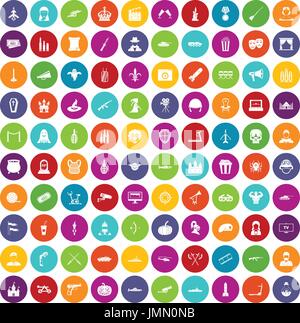 100 film icons set color Stock Vector