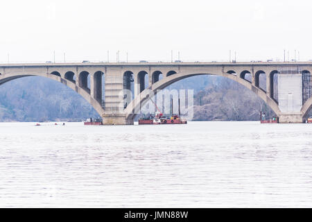 Washington DC, USA - March 20, 2017: Closeup of Potomac river key bridge with construction Stock Photo