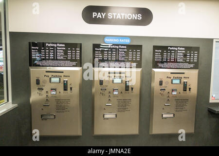 Automated pay stations at the underground self parking in New York City Stock Photo