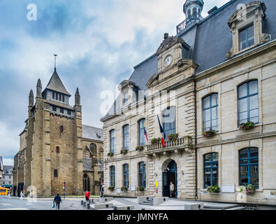 France, Brittany, Cotes-d'Armor department, Saint-Brieuc, Place du General de Gaulle, view of Saint-Brieuc Cathedral and the Town Hall Stock Photo