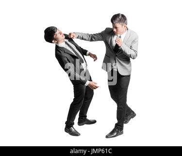 Portrait of an angry businessman is punching across the businessman's face. Isolated full body on white background Stock Photo