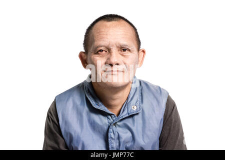 Portrait of a man with down syndrome. Isolated on white background Stock Photo