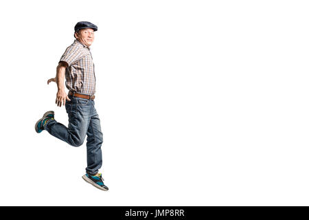 Portrait of a happy mature man running forward. Isolated full body on white background with copy space Stock Photo