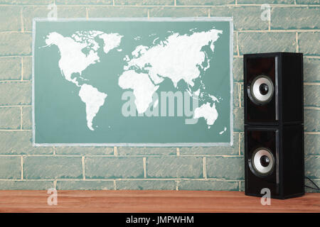 Acoustics system and unusual lcd display with World map Stock Photo