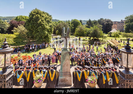 5 July 2017: Bath, Somerset, England, UK - Graduation Day for Bath University students, team photos being taken in Parade Gardens. Stock Photo