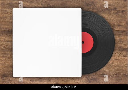 black vinyl record in paper case on wood background Stock Photo