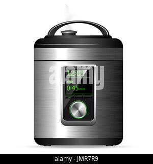 Modern metal Multicooker. Pressure cooker for cooking food under pressure. Electronic control. Stock Vector
