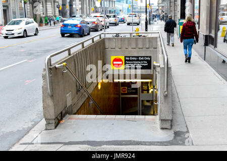 Toronto, Canada - November 16, 2016: TTC Subway Sign Toronto. Sign indicating the entrance to the Toronto subway. Located on King Street in downtown, Stock Photo