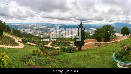 Huge Panorama from the mountain Lang Biang in Da-lat, Vietnam. Dramatic sky before the rain started Stock Photo