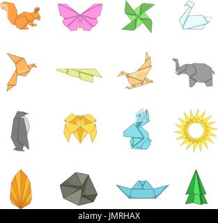 Origami icons set, cartoon style Stock Vector