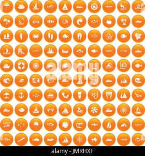 100 sea icons set orange Stock Vector