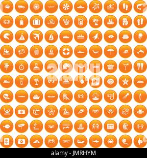 100 sea life icons set orange Stock Vector