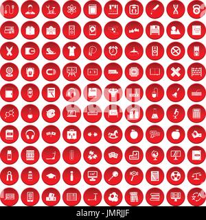 100 learning kids icons set red Stock Vector
