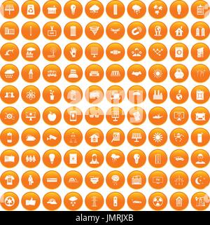 100 solar energy icons set orange Stock Vector