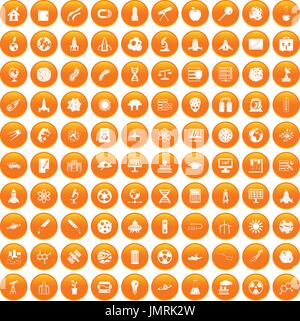 100 space icons set orange Stock Vector