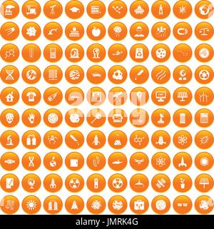 100 space technology icons set orange Stock Vector