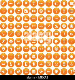 100 sport equipment icons set orange Stock Vector