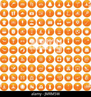 100 summer icons set orange Stock Vector