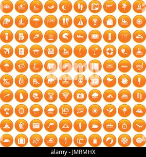 100 surfing icons set orange Stock Vector